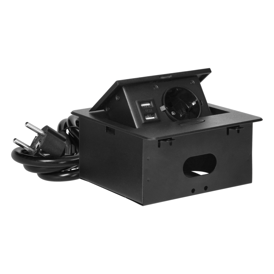 Recessed furniture socket with USB charger and 1.5m long cable, 1x2P+E Schuko, 2xUSB (type A, 2.1A), flat milled edge, black